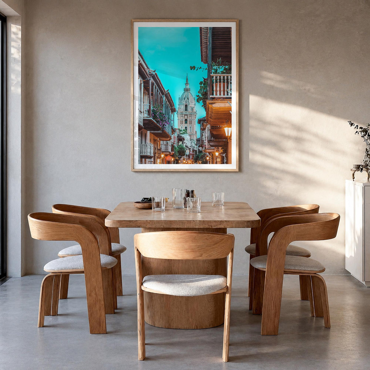 Colombia no. 2 colorful photo poster of South America – vertical wall art in natural wood frame with white border, hanging on