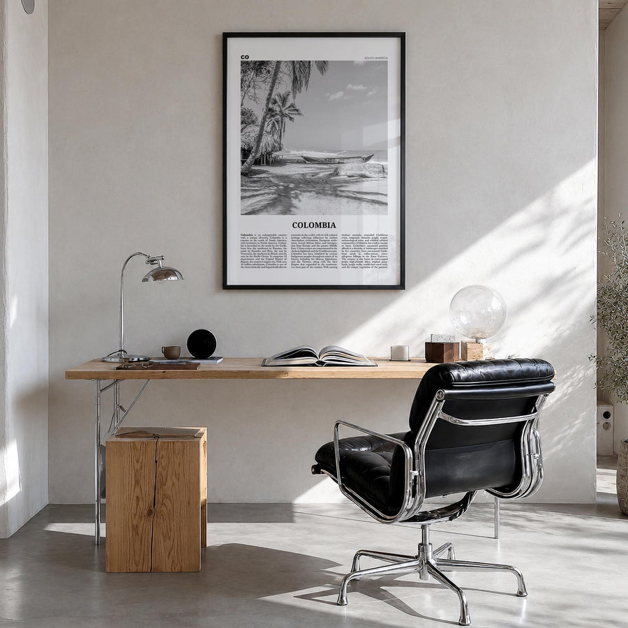 Colombia no. 3 black & white newspaper poster of South America – vertical wall art in black wood frame, hanging on wall