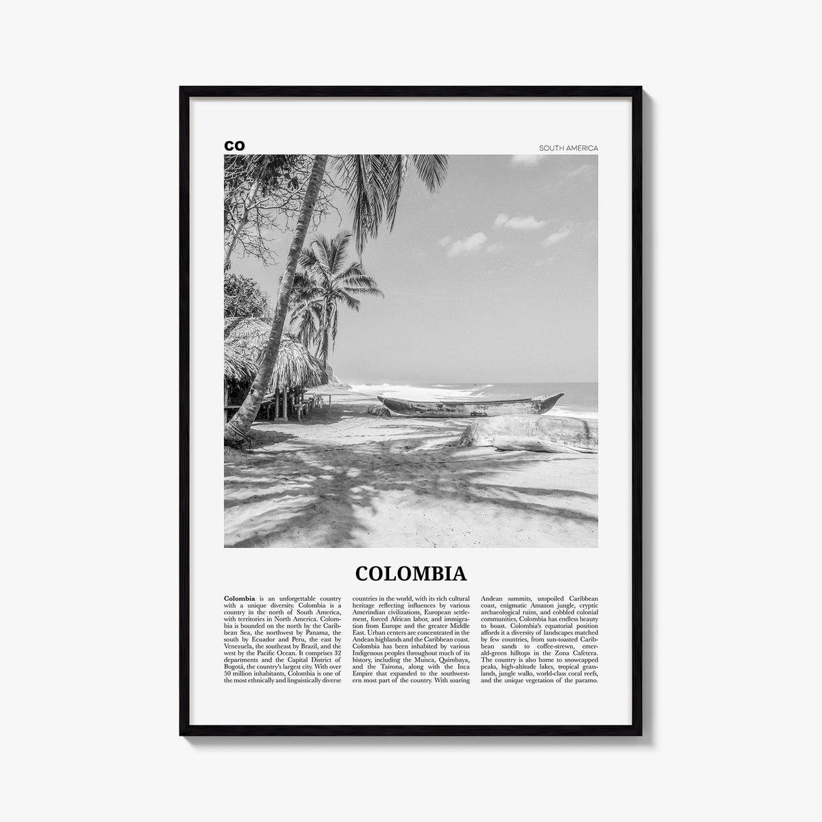 Colombia no. 3 black & white newspaper poster of South America – vertical wall art, unframed print shown in interior mockup