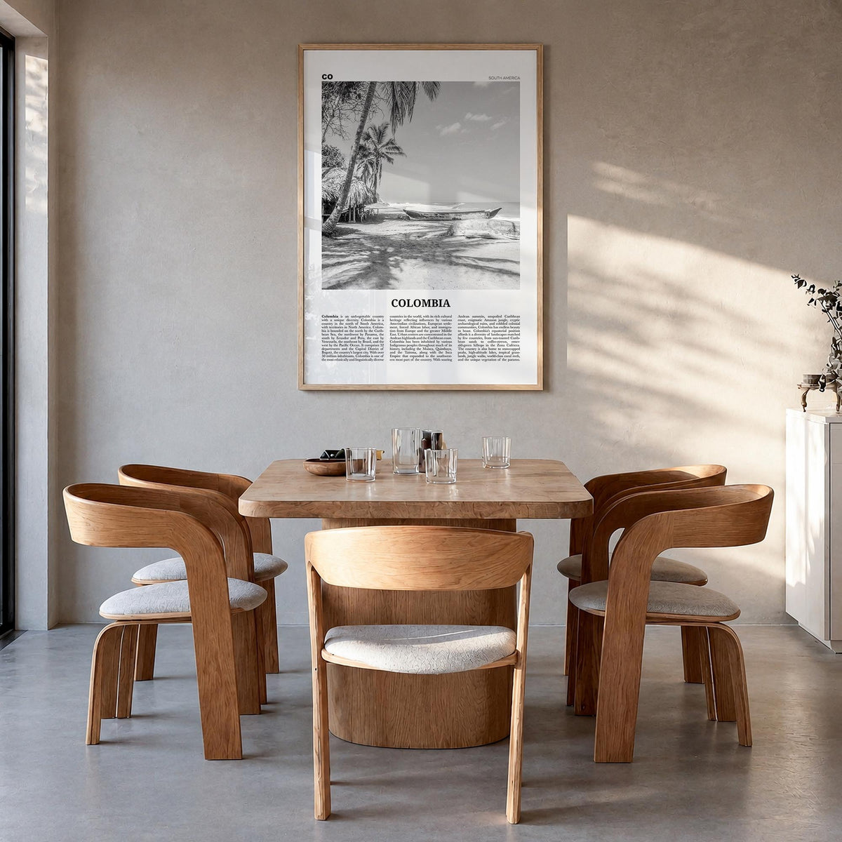 Colombia no. 3 black & white newspaper poster of South America – vertical wall art in natural wood frame, hanging on wall