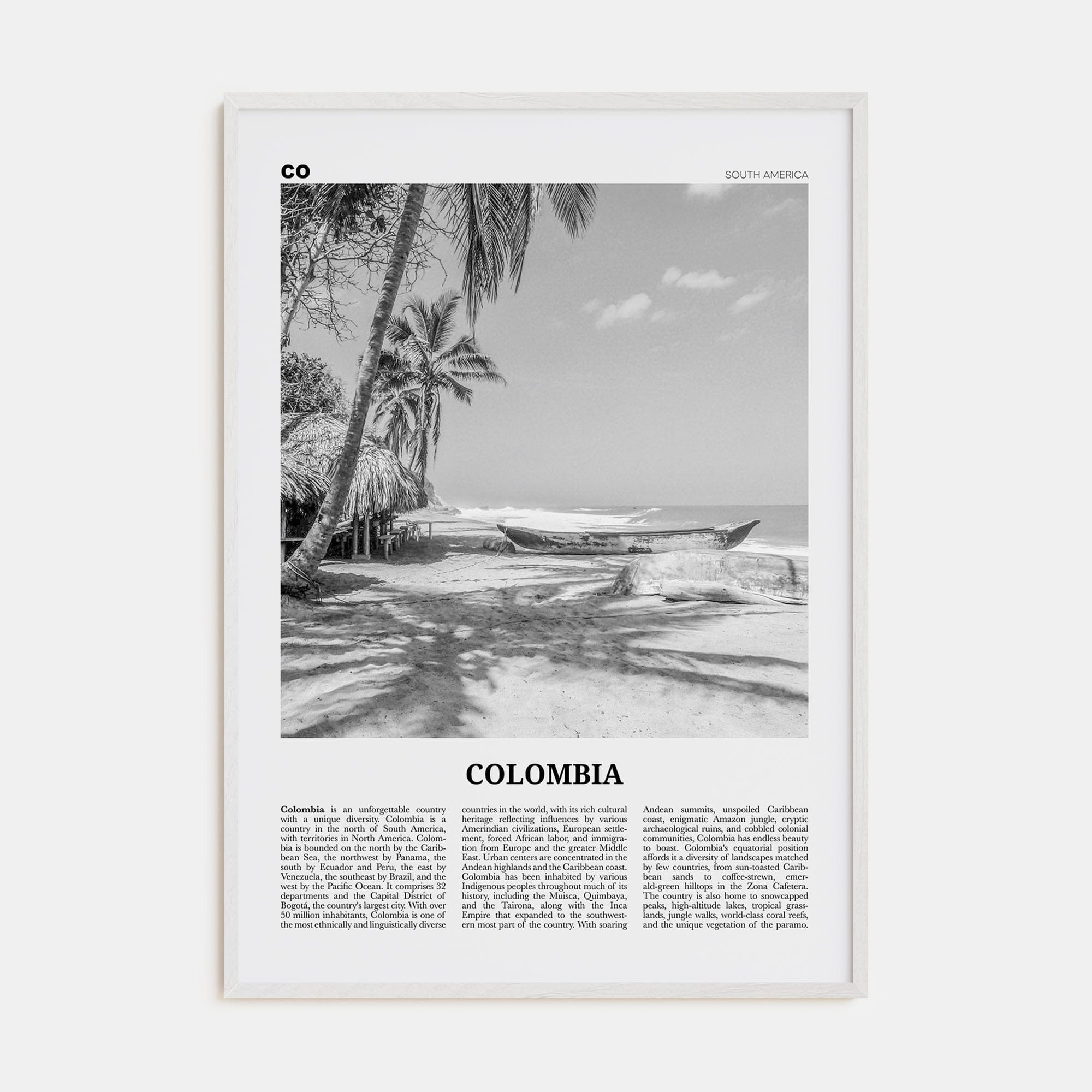 Colombia No 3 Poster White Wood / 8x12 in Nbourhood Travel B&W Poster