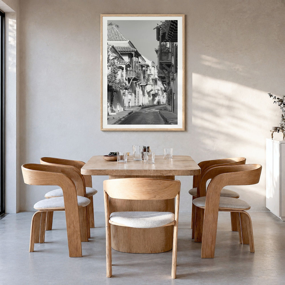 Colombia Photo Poster in a natural wood frame, hanging in a dining room, white border