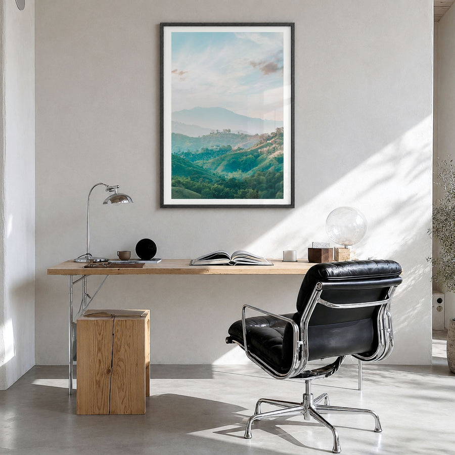 Colombia Photo No 1 Poster in a black wood frame, hanging in a bright home office, white border