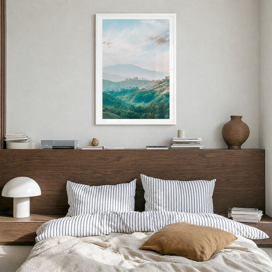 Colombia Photo No 1 Poster in a white wood frame, hanging in a bedroom, white border