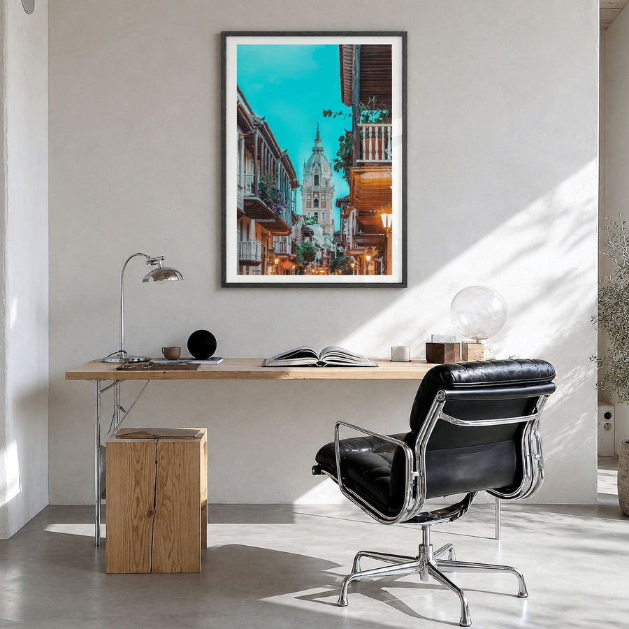 Colombia Photo No 2 Poster in a black wood frame, hanging in a bright home office, white border