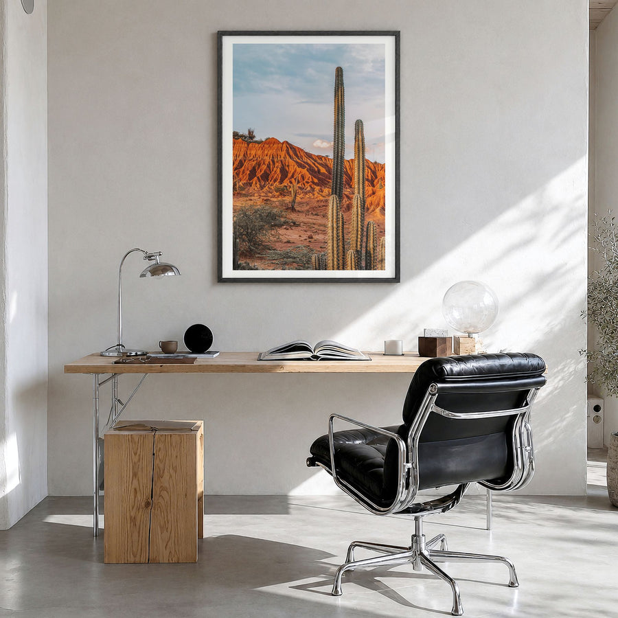 Colombia Photo No 3 Poster in a black wood frame, hanging in a bright home office, white border