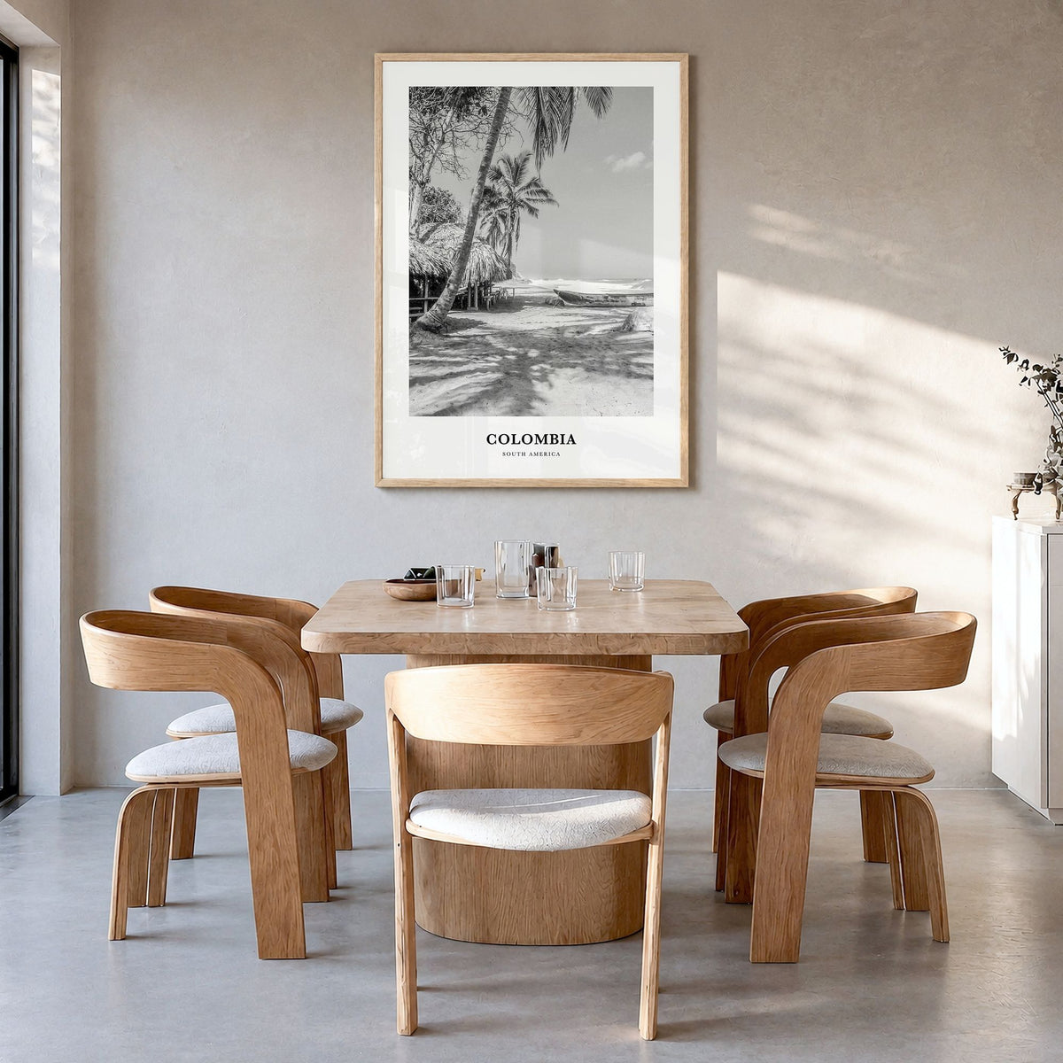 Colombia Classic No 1 Poster in a natural wood frame, hanging in a dining room