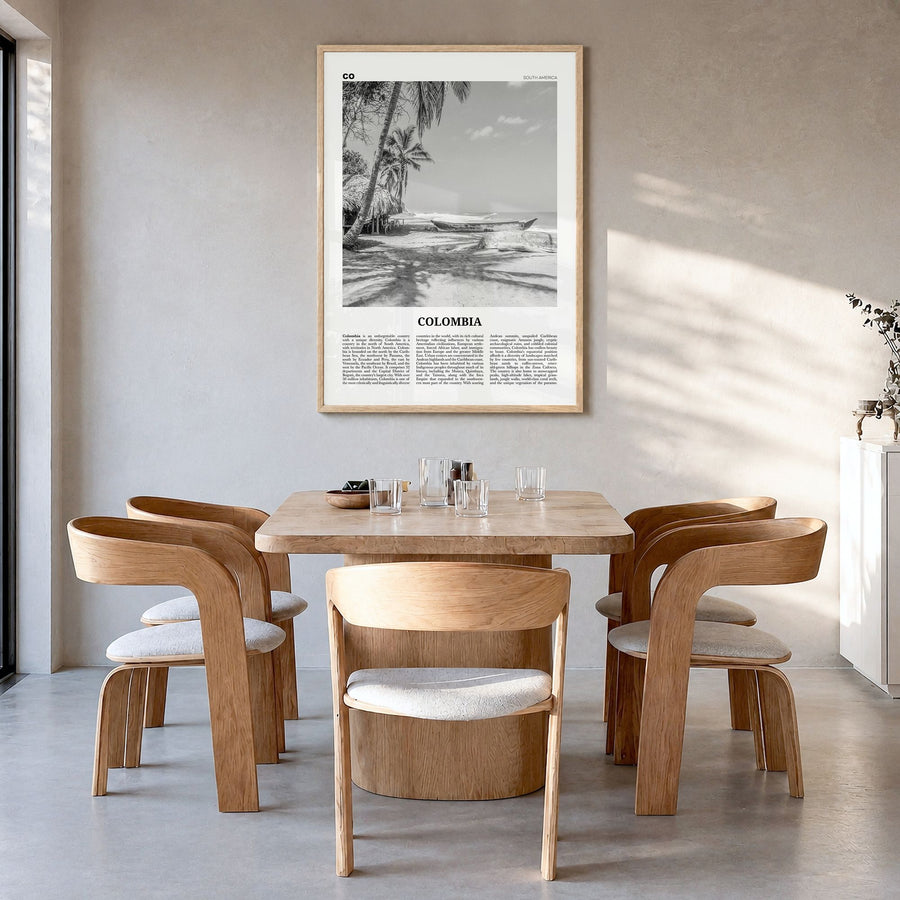 Colombia Newspaper No 3 Poster in a natural wood frame, hanging in a dining room