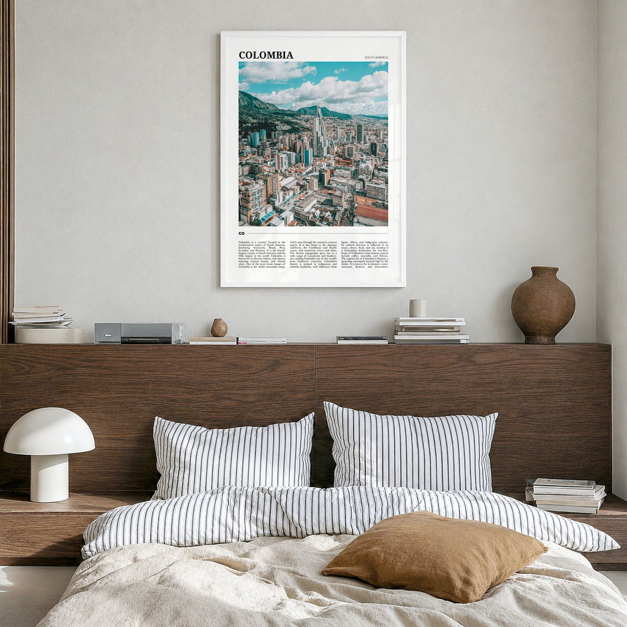 Colombia Travel No 1 Poster in a white wood frame, hanging in a bedroom