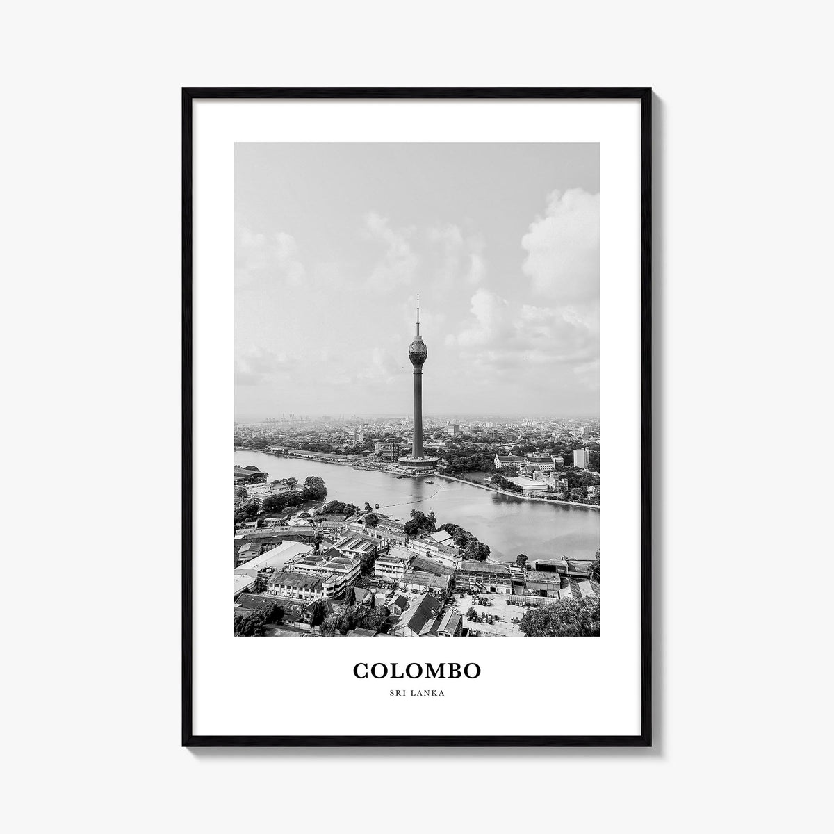 Colombo black & white classic poster of Sri Lanka – vertical wall art, unframed print shown in interior mockup