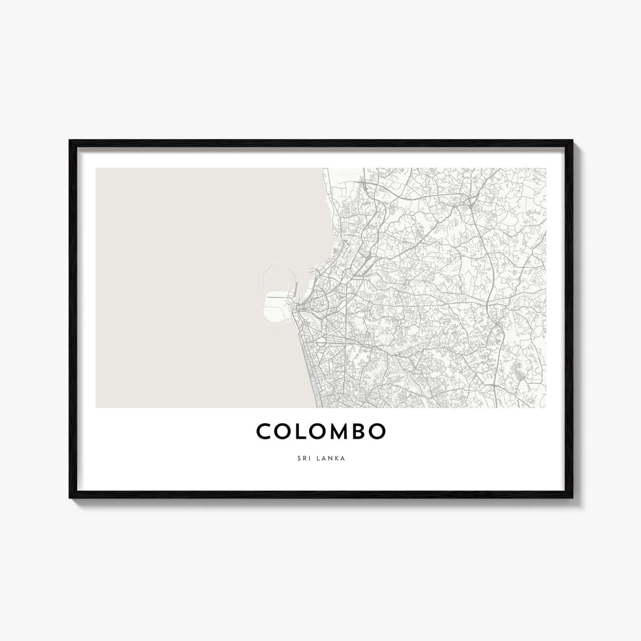 Colombo black & white map poster of Sri Lanka – horizontal wall art, unframed print shown in interior mockup