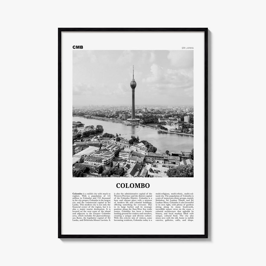Colombo black & white newspaper poster of Sri Lanka – vertical wall art, unframed print shown in interior mockup