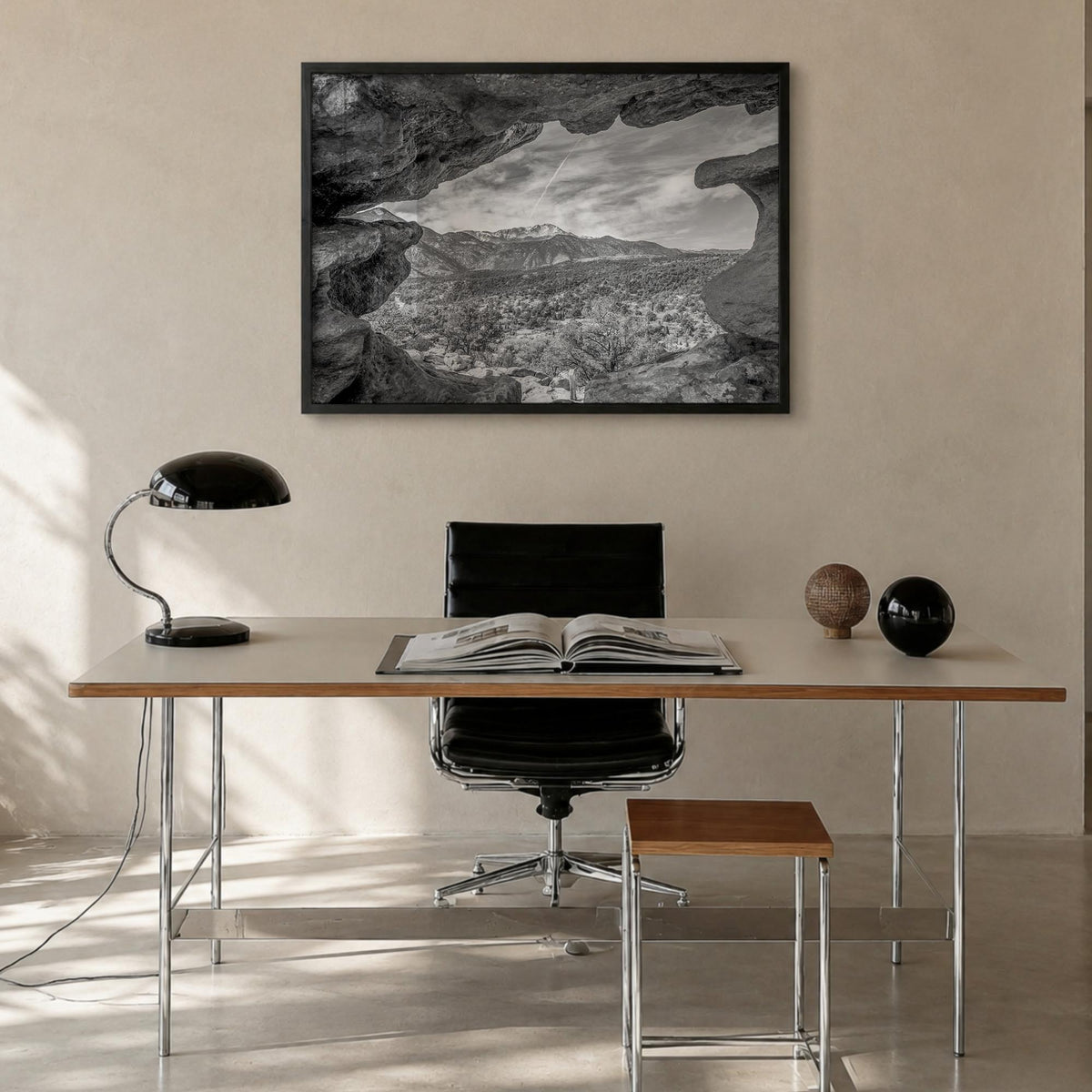Colorado black & white photo poster of United States – horizontal wall art in black wood frame, hanging on wall