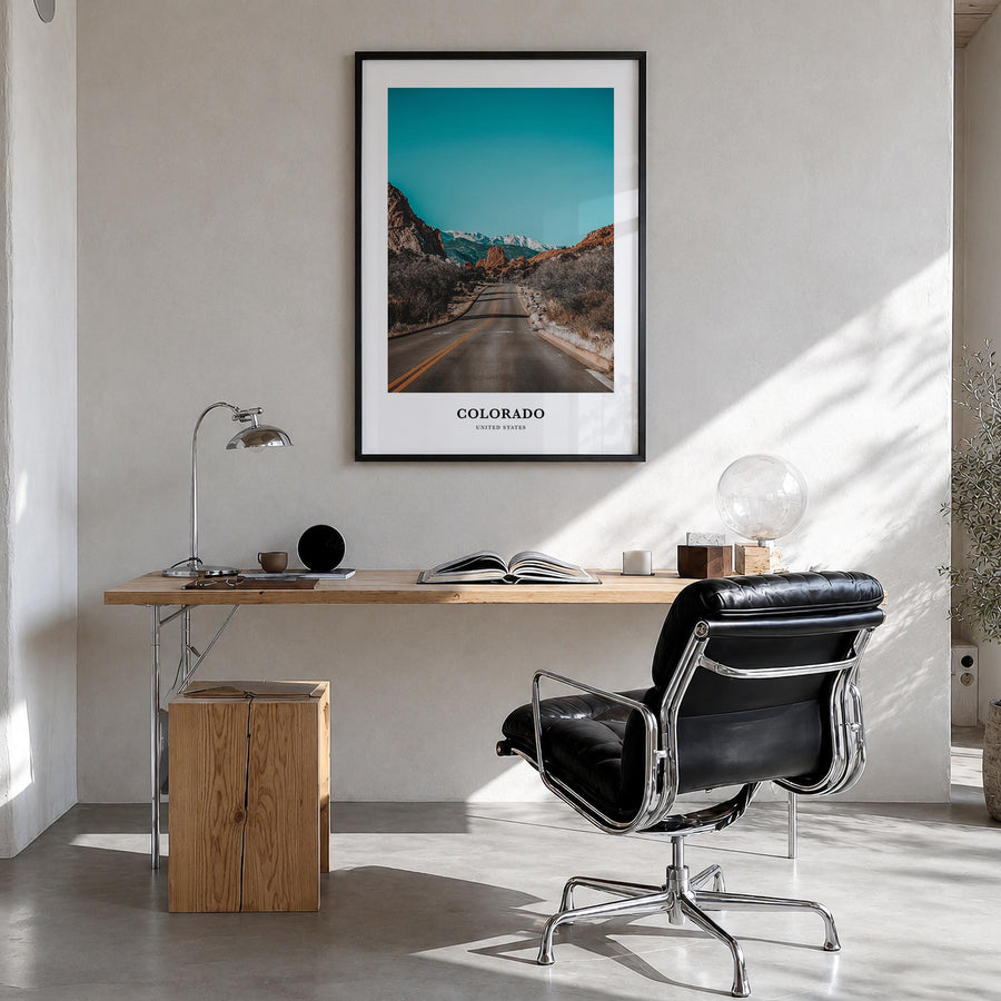 Colorado colorful classic poster of United States – vertical wall art in black wood frame, hanging on wall