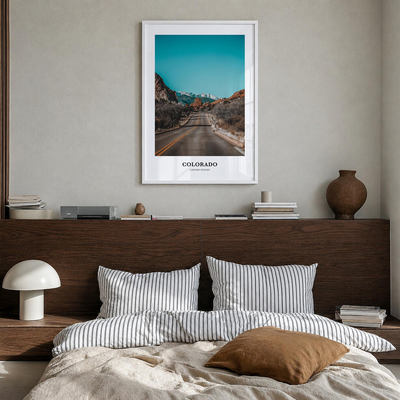 Colorado colorful classic poster of United States – vertical wall art in white wood frame, hanging on wall