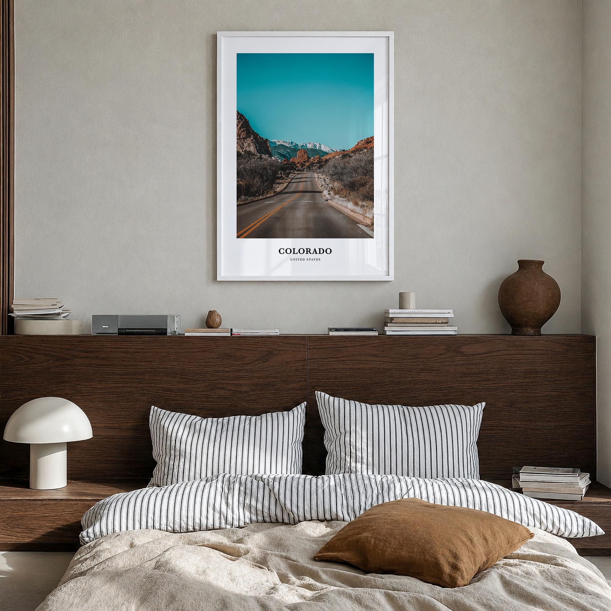 Colorado colorful classic poster of United States – vertical wall art in white wood frame, hanging on wall