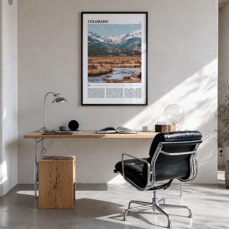 Colorado no. 1 colorful travel poster of United States – vertical wall art in black wood frame, hanging on wall