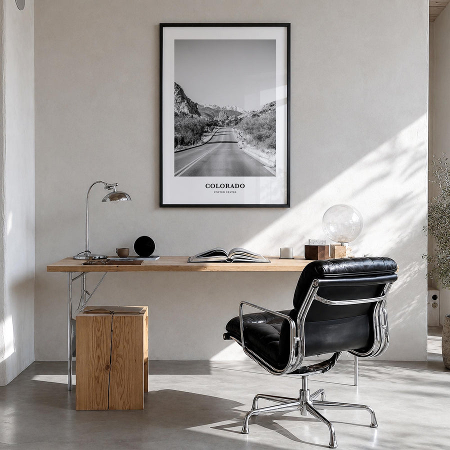 Colorado no. 2 black & white classic poster of United States – vertical wall art in black wood frame, hanging on wall