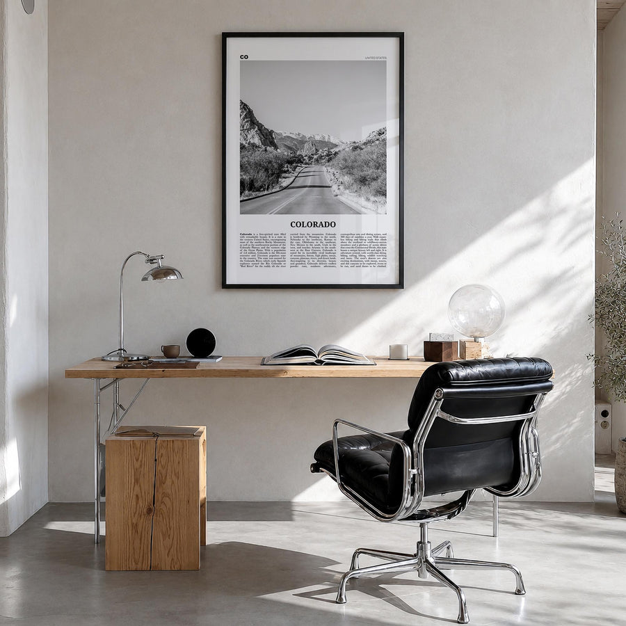 Colorado no. 2 black & white newspaper poster of United States – vertical wall art in black wood frame, hanging on wall