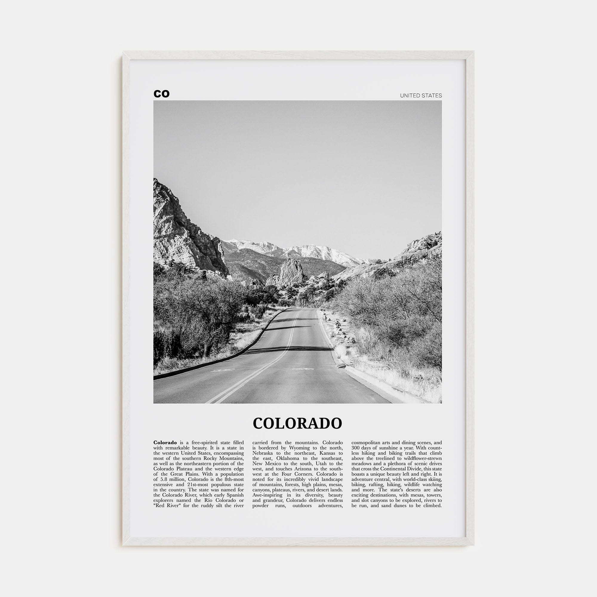 Colorado No 2 Poster White Wood / 8x12 in Nbourhood Travel B&W Poster