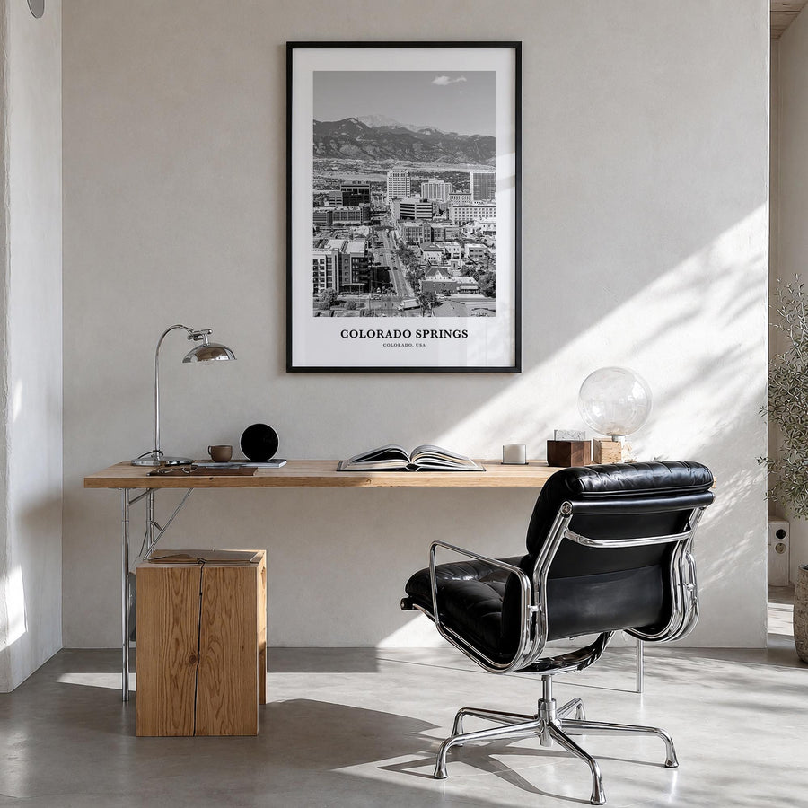 Colorado Springs black & white classic poster of Colorado, USA – vertical wall art in black wood frame, hanging on wall