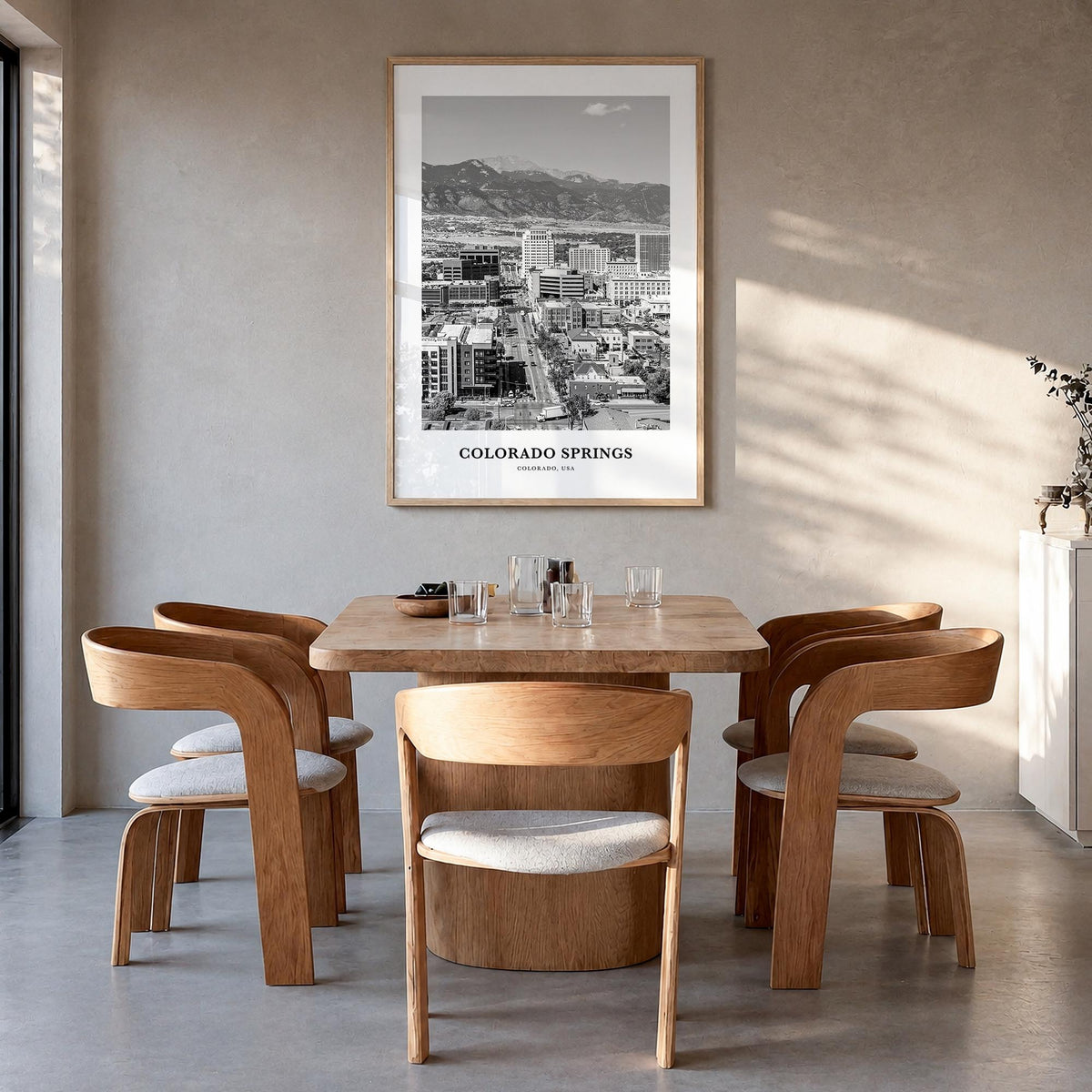 Colorado Springs black & white classic poster of Colorado, USA – vertical wall art in natural wood frame, hanging on wall