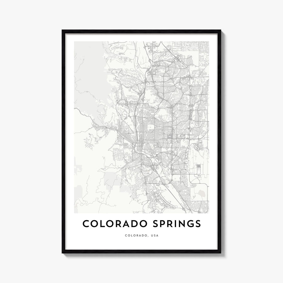 Colorado Springs black & white map poster of Colorado, USA – vertical wall art, unframed print shown in interior mockup