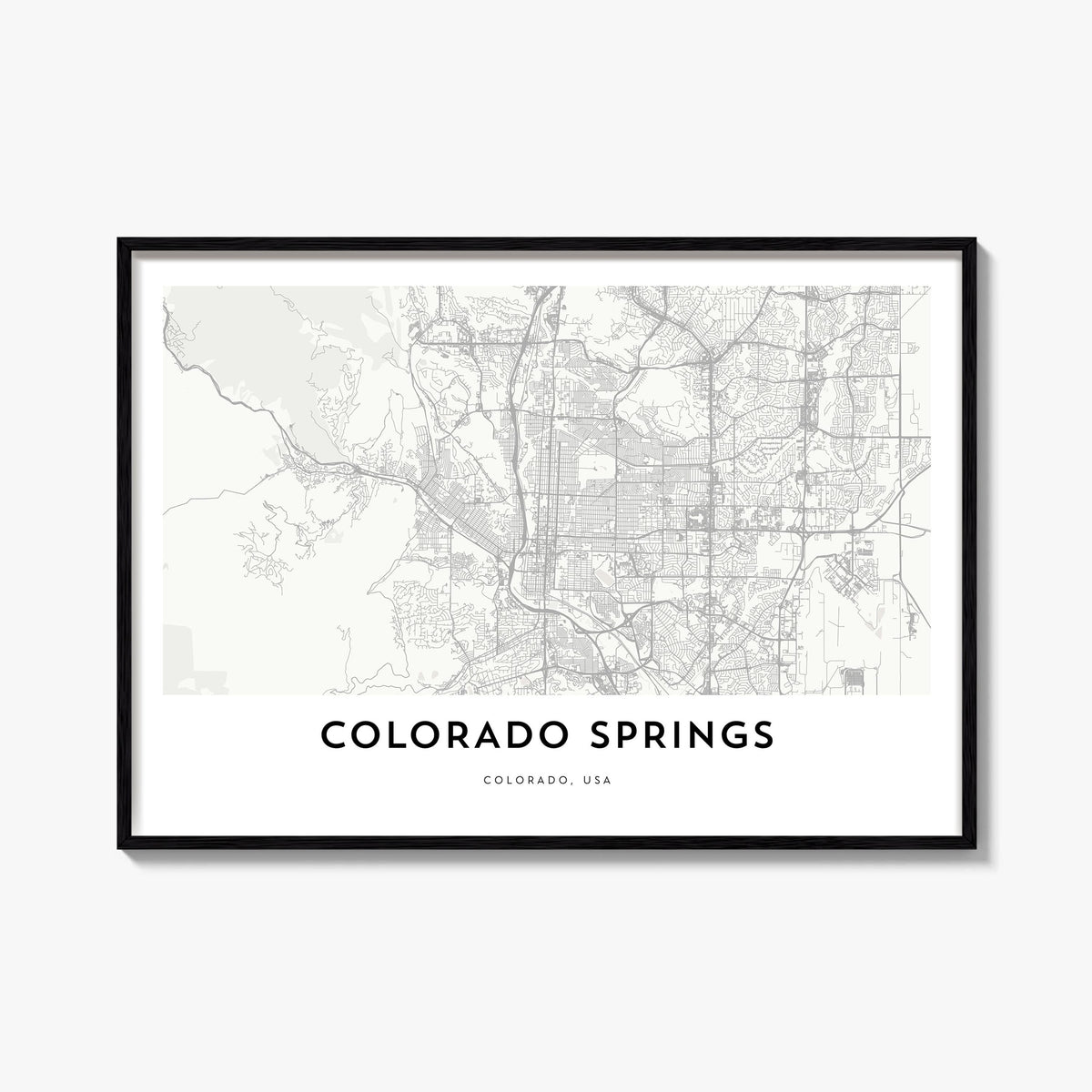 Colorado Springs black & white map poster of Colorado, USA – horizontal wall art, unframed print shown in interior mockup