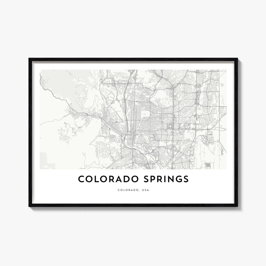 Colorado Springs black & white map poster of Colorado, USA – horizontal wall art, unframed print shown in interior mockup