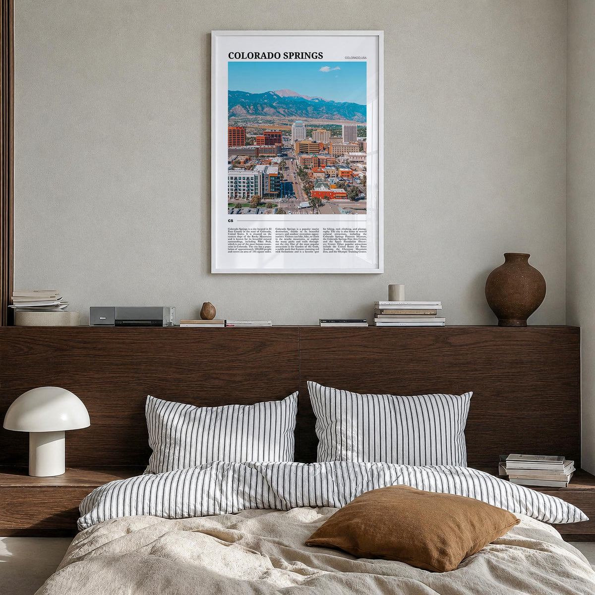 Colorado Springs colorful travel poster of Colorado, USA – vertical wall art in white wood frame, hanging on wall