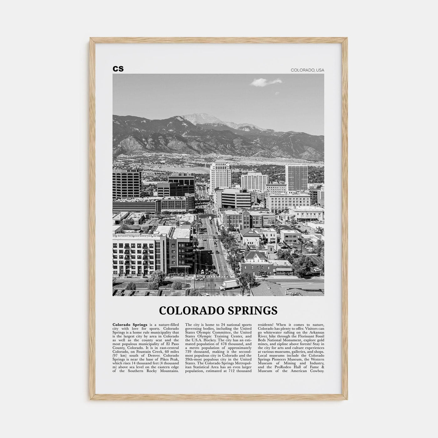 Colorado Springs Poster Natural Wood / 8x12 in Nbourhood Travel B&W Poster