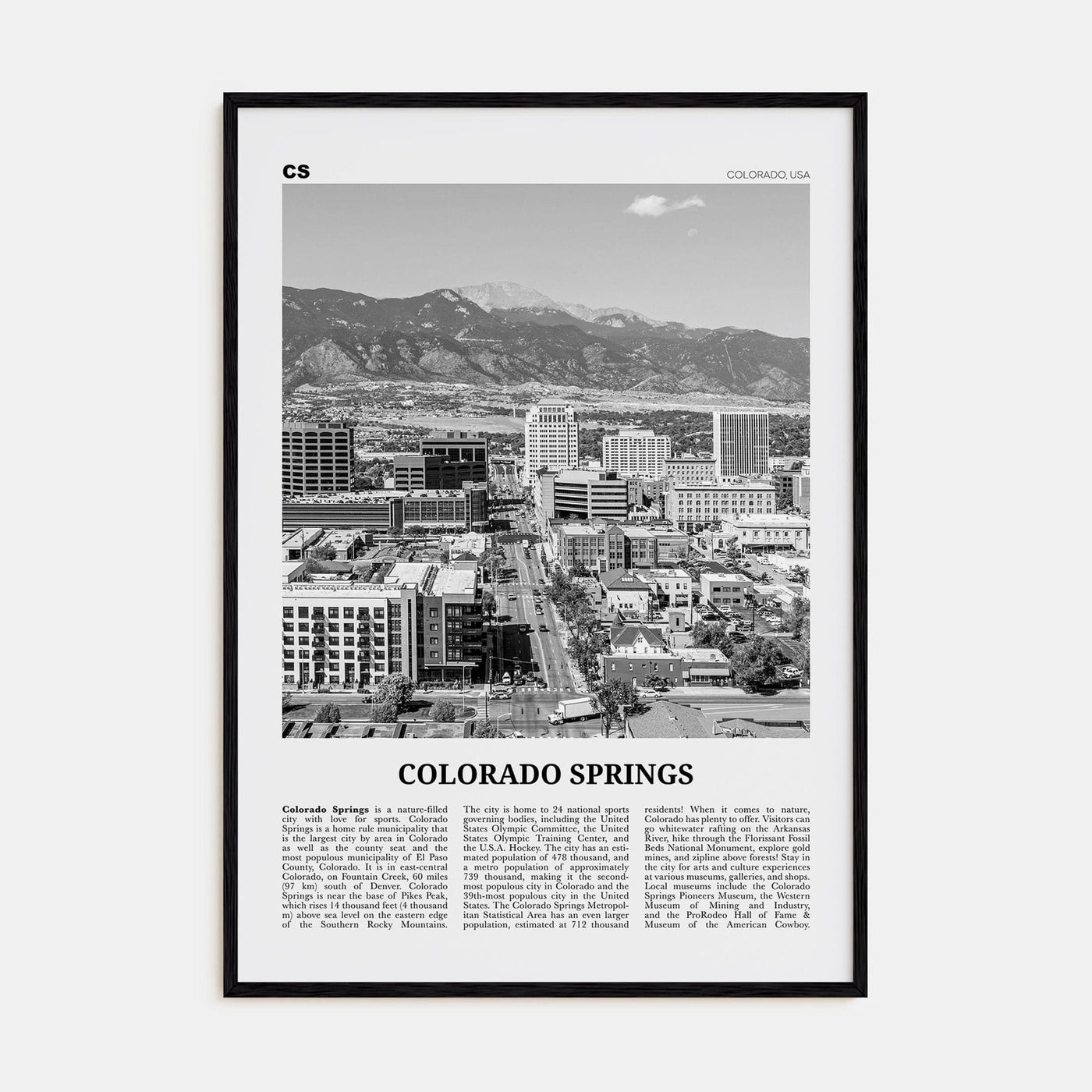 Colorado Springs Poster Black Wood / 8x12 in Nbourhood Travel B&W Poster