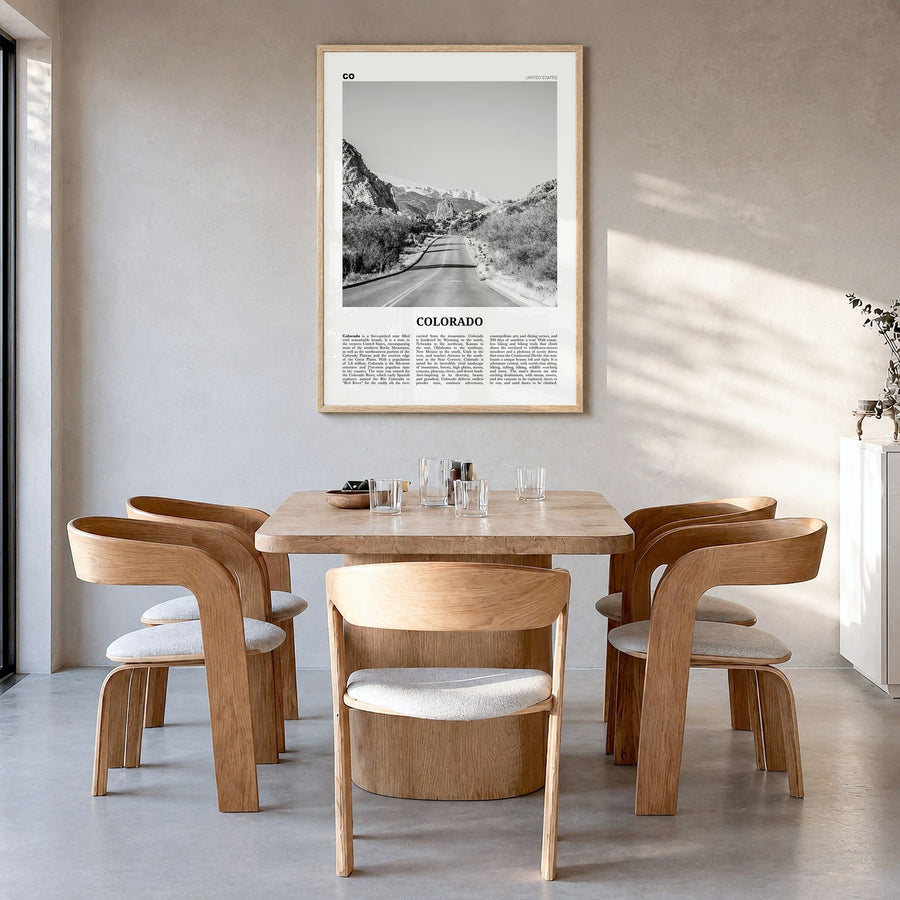 Colorado Newspaper No 2 Poster in a natural wood frame, hanging in a dining room