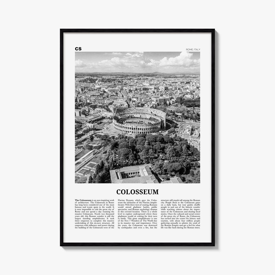Colosseum black & white newspaper poster of Italy – vertical wall art, unframed print shown in interior mockup