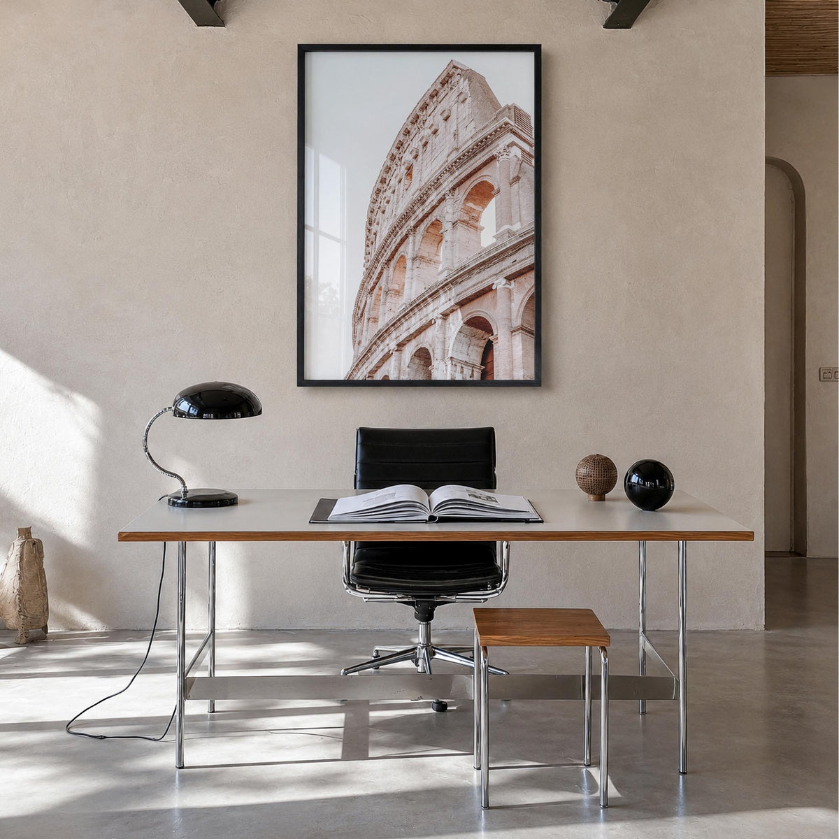Colosseum colorful photo poster of Italy – vertical wall art in black wood frame, hanging on wall