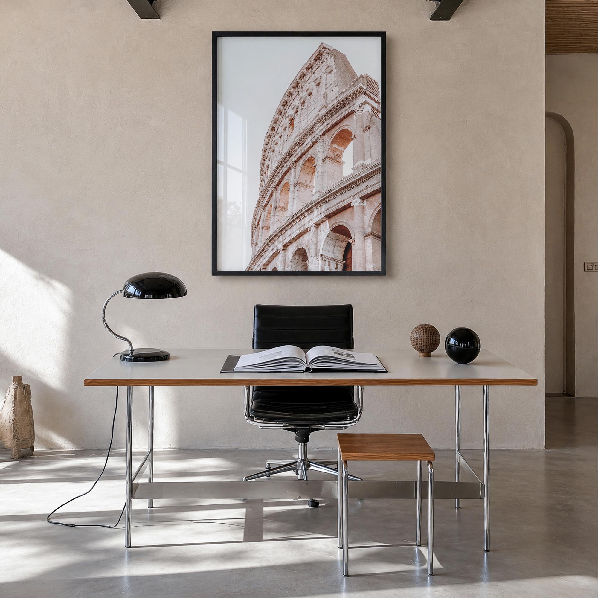 Colosseum colorful photo poster of Italy – vertical wall art in black wood frame, hanging on wall