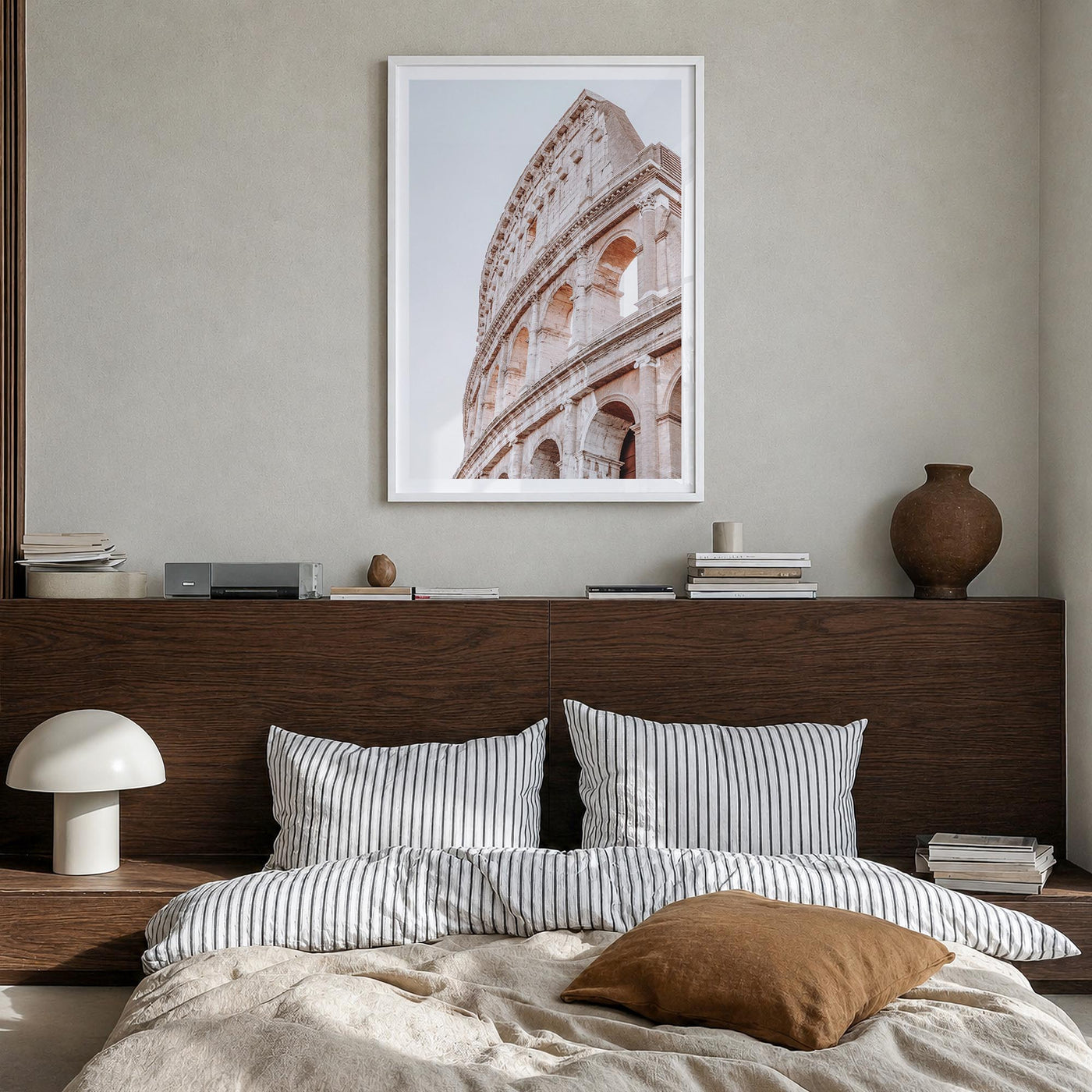 Colosseum colorful photo poster of Italy – vertical wall art in white wood frame with white border, hanging on wall