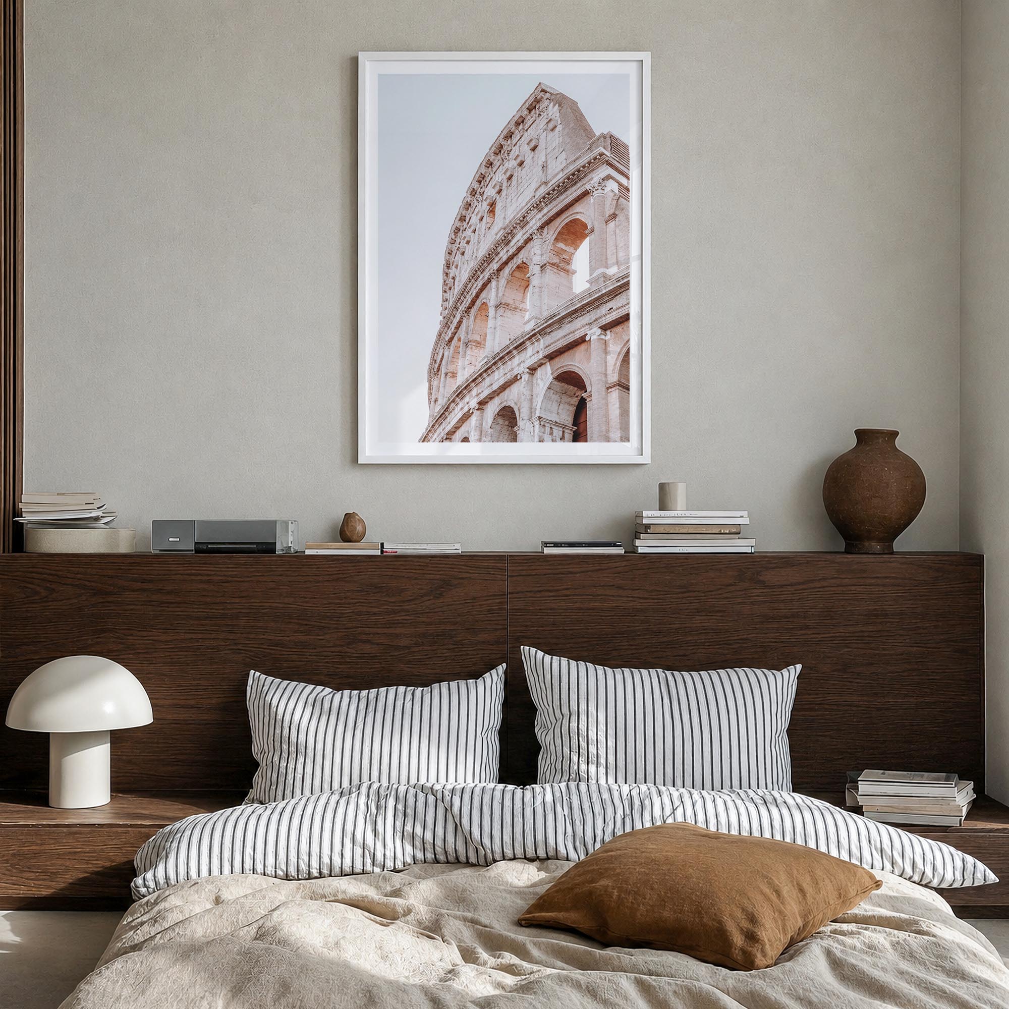Colosseum colorful photo poster of Italy – vertical wall art in white wood frame with white border, hanging on wall