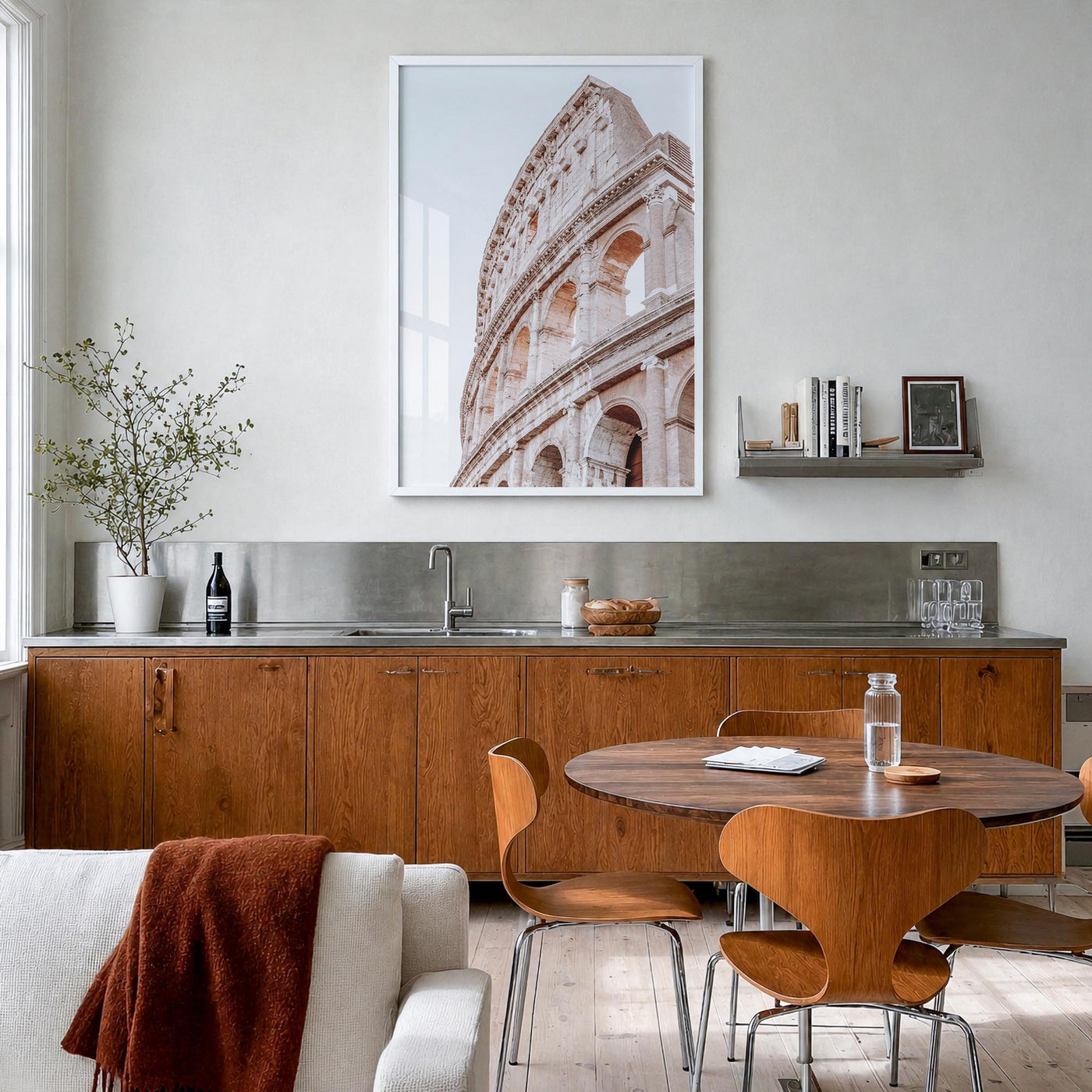 Colosseum colorful photo poster of Italy – vertical wall art in white wood frame, hanging on wall