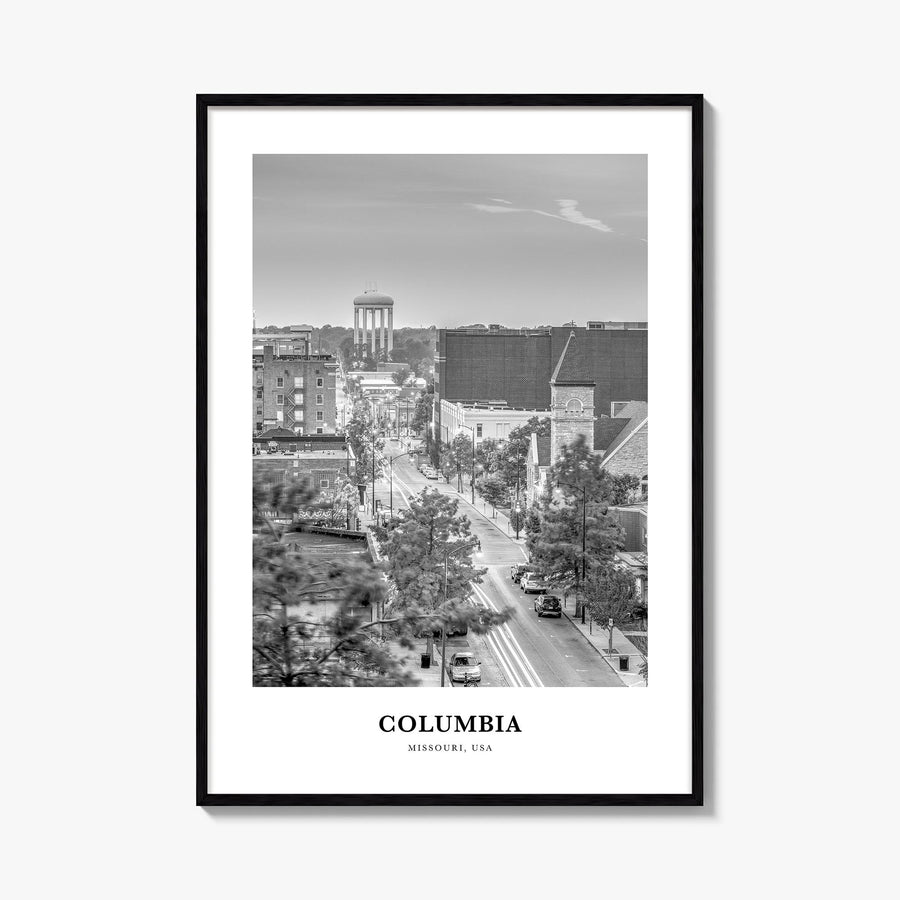 Columbia, Missouri black & white classic poster of Missouri, USA – vertical wall art, unframed print shown in interior mockup