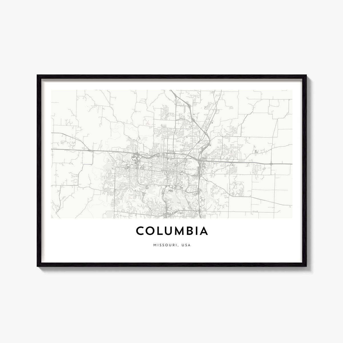 Columbia, Missouri black & white map poster of Missouri, USA – horizontal wall art, unframed print shown in interior mockup