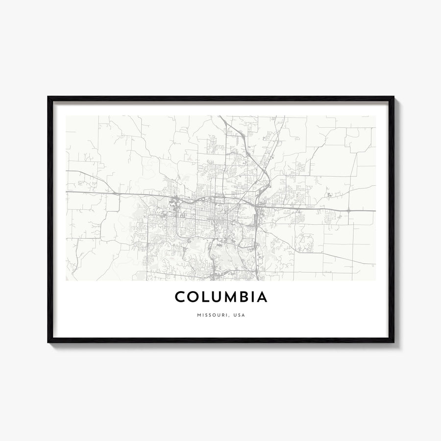 Columbia, Missouri black & white map poster of Missouri, USA – horizontal wall art, unframed print shown in interior mockup