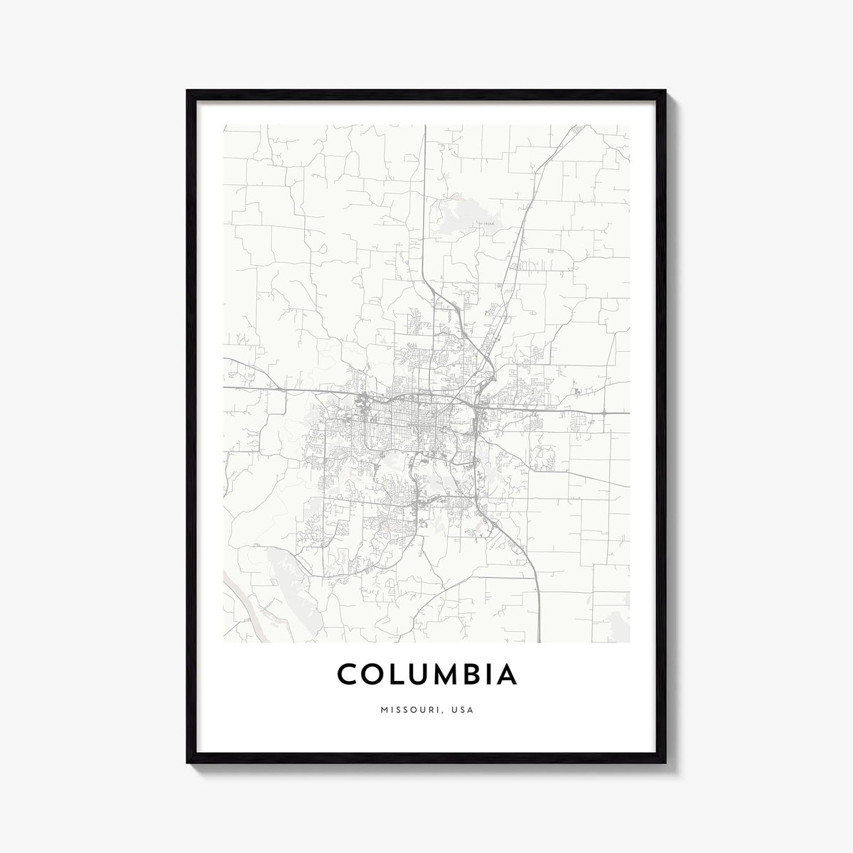 Columbia, Missouri black & white map poster of Missouri, USA – vertical wall art, unframed print shown in interior mockup