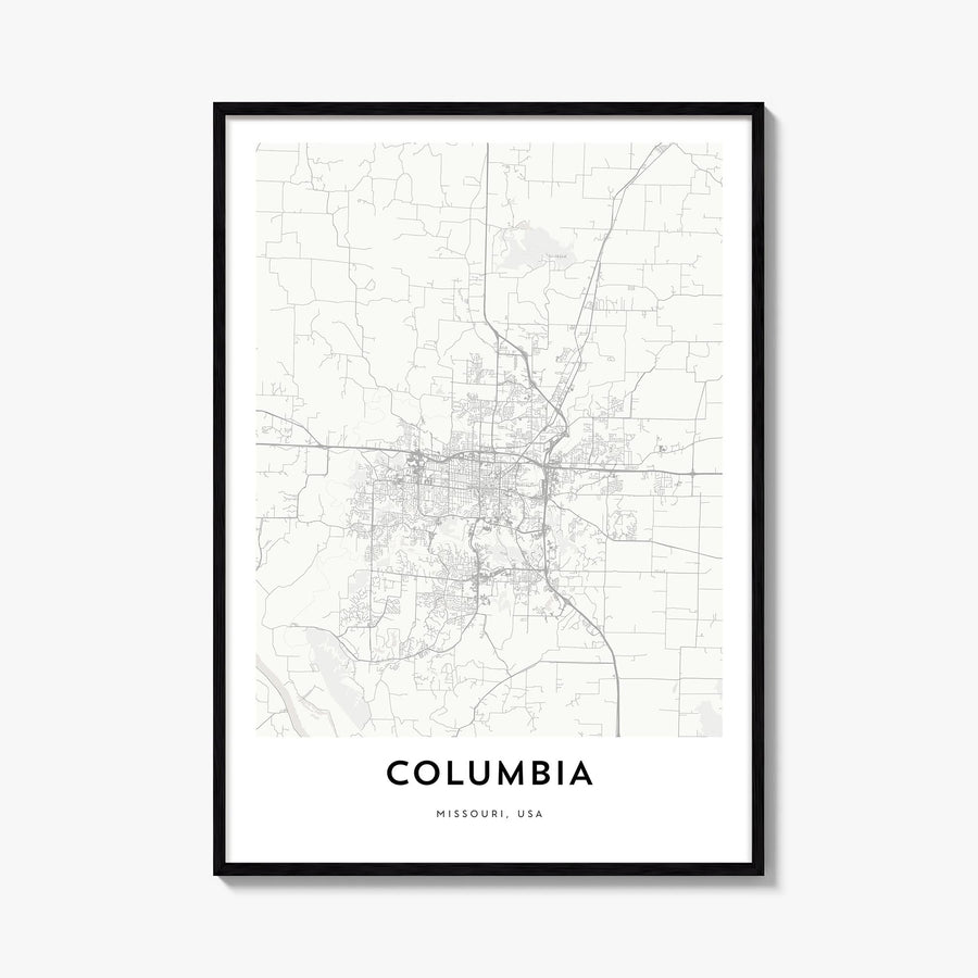 Columbia, Missouri black & white map poster of Missouri, USA – vertical wall art, unframed print shown in interior mockup