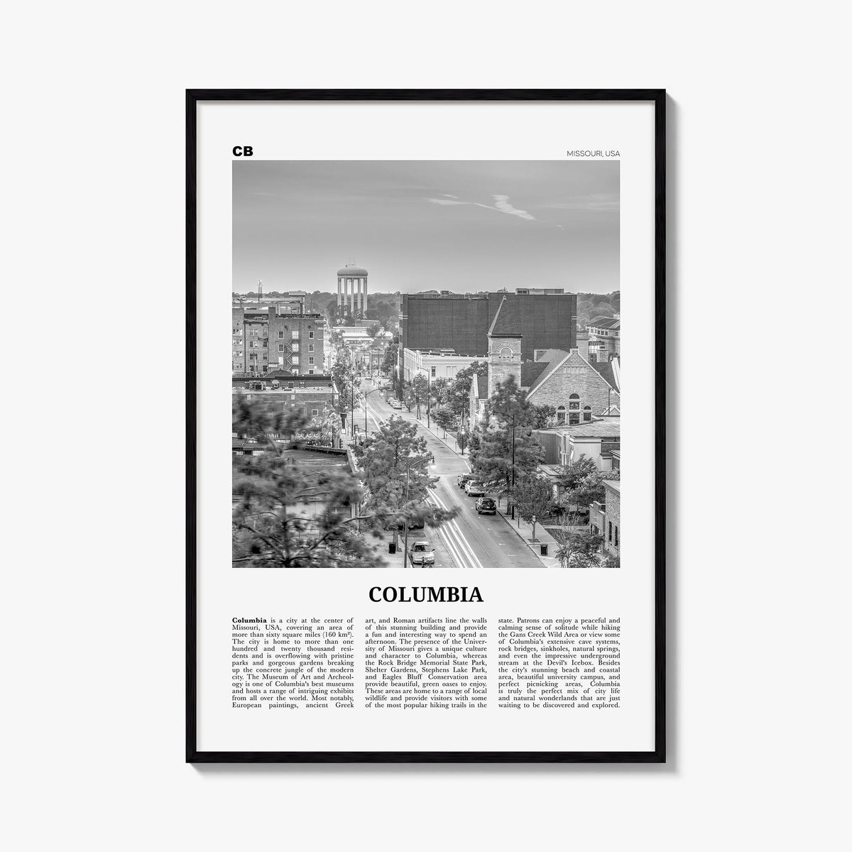 Columbia, Missouri black & white newspaper poster of Missouri, USA – vertical wall art, unframed print shown in interior mock