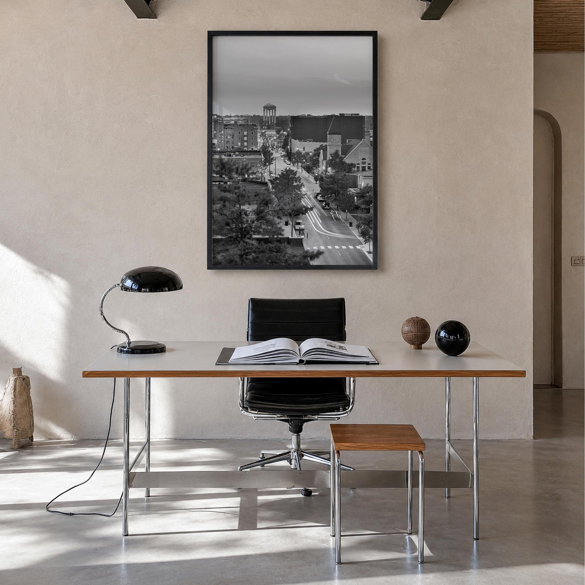 Columbia, Missouri black & white photo poster of Missouri, USA – vertical wall art in black wood frame, hanging on wall