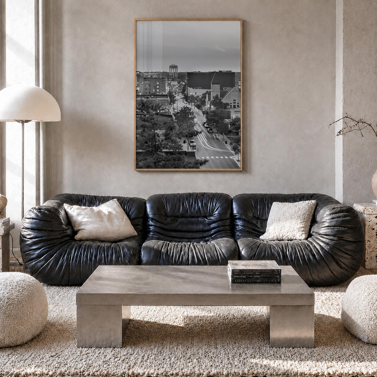 Columbia, Missouri black & white photo poster of Missouri, USA – vertical wall art in natural wood frame, hanging on wall