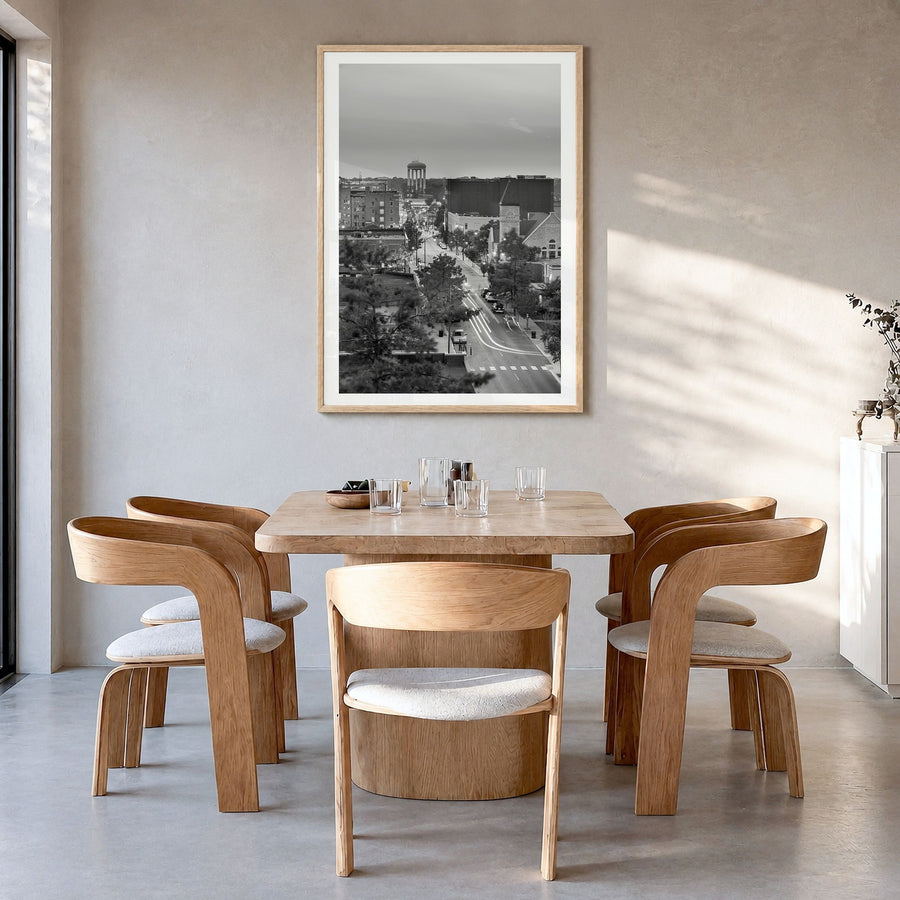 Columbia, Missouri Photo Poster in a natural wood frame, hanging in a dining room, white border