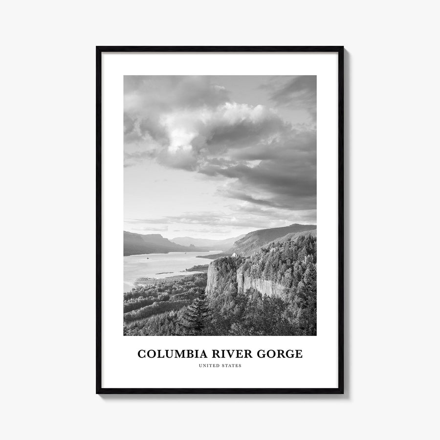 Columbia River Gorge black & white classic poster of Oregon & Washington, USA – vertical wall art, unframed print shown in in