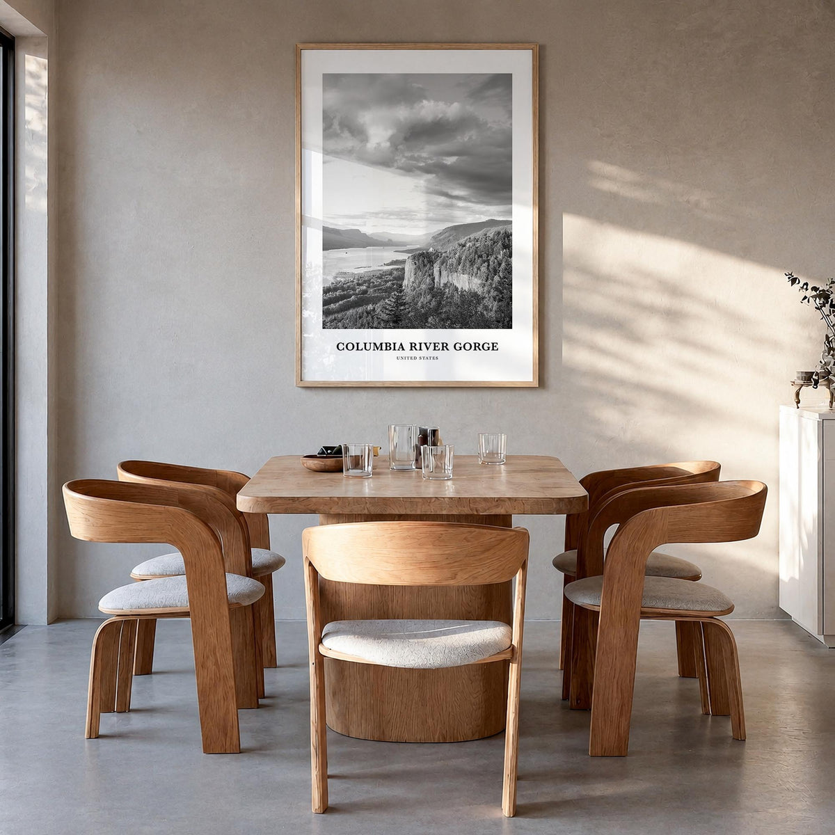 Columbia River Gorge black & white classic poster of Oregon & Washington, USA – vertical wall art in natural wood frame, hang